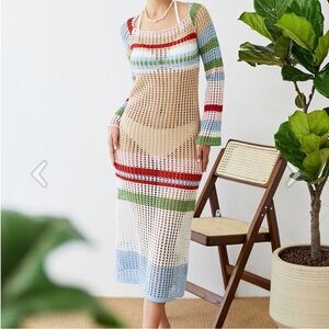 Colorful Striped hollow out knit sweater dress coverup festival party size M